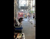 Man VR Headset play at sidewalk scaffolding