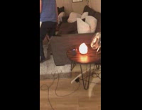 Blue shirt guy has flipped up hair 