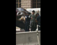 Woman stands on top of Charging Bull statue in New york and waves green flag in climate change protest
