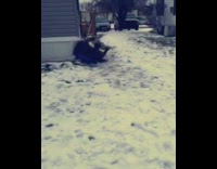 guy on blue sled crashes into house