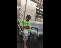 Man neon green shirt holds and pets white bird on his lap on subway train