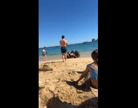 Three women bikini bend pose at beach