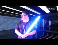 Guy jedi hold lick blue lightsaber effects