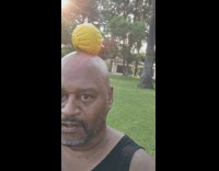 Dog grabs ball from top of guys head 