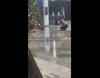 Woman did a split beside the big Christmas Tree