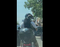 Guy rides motorcycle with his dog on back