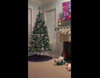 Dog humping plush toy near Christmas tree