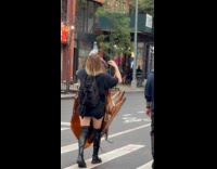 Woman walking carries huge cockroach with pigeon
