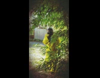 Backyard yellow hazmat suit black mask 