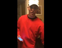 Guy red sweatshirt says food in funny way, bananas, rice krispies, m&ms, reeses 