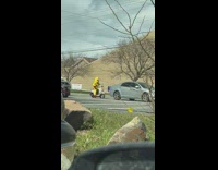 Man in a chicken costume bumps a car on the street