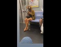Girl brown fox fur hat subway train