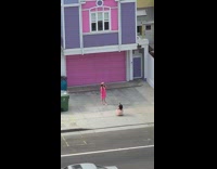 Girl pink hat dress pink garage gate