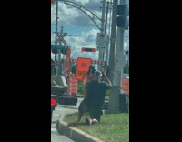 Girl underwear hold hard hat street construction