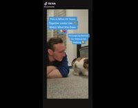 Guy blue shirt rubbing face with cat