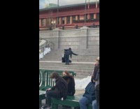 Two men tiktok weird dance ice rink stairs