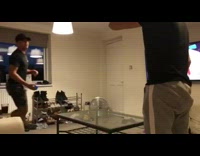 Red hat guy hits breaks ceiling lamp 