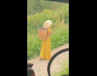 A woman in long yellow dress bamboo hat