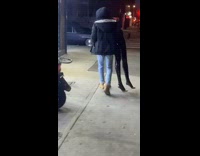 Person walking on the sidewalk with lower half of a mannequin 
