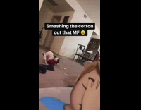 White and brown dog humps red pillow