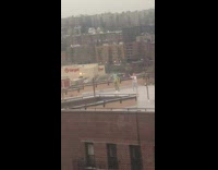 Person wearing green dinosaur costume on rooftop 