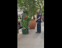 Cop talks to man in plant costume