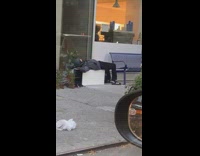 Guy lays back on white planter sidewalk 