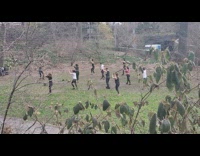 Large group at park practice with swords