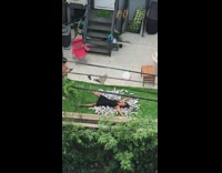 Woman black dress snow angel beer cans