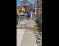 White spacesuit astronaut costume sidewalk blue shirt  