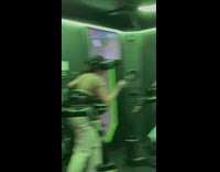 Two girls in VR game machine running and walking