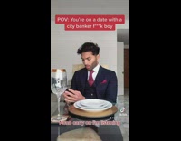 Guy in suit city banker skit at dinner on date