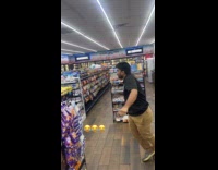 Man employee throws trash bin at customer