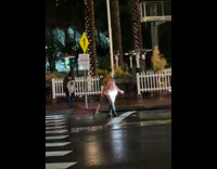Woman in dress with a bat and a mask on the street