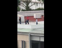 Four people tiktok dance on rooftop of a building