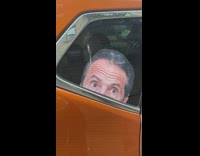 Guy peeks over window decal orange car
