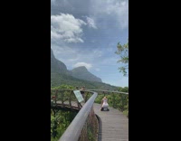 Girls jump photo bridge treetop mountains