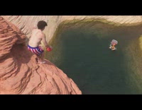 Guy jumps off cliff while shooting ball 