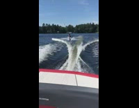 Collab Scorpionmasters - Guy rides wakeboard smoothly, then hits a turn and scorpions in lake water