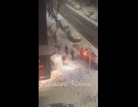 Five guys throw snowballs at cars on the street, one slips and falls