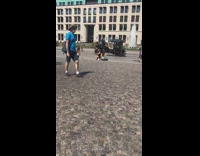 Three women photo shoot street park fountain