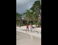 Two girls tiktok dance beach red bikini 