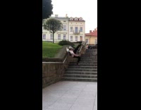 Guy skateboards down stairs railing falls fail