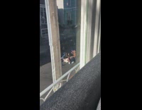 Three girls pose in street blue bottle 