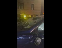 Wrecked blue car on street note to move