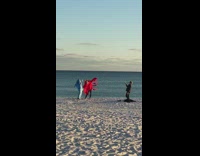 two people shark lobster costumes beach