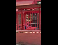 Spiderman sits at outdoor dining 