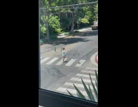 Girl white sleeves green bag pedestrian lines