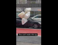 Man Passes by then Zooms on Car with Balloons