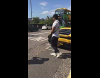 Guy yellow car green double decker bus 